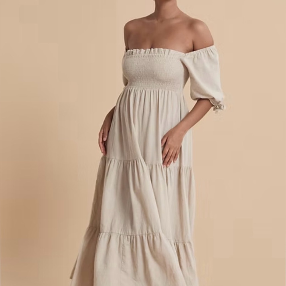 Opia Cream Off-Shoulder Puff Sleeve Maxi Dress